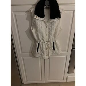 Casual Identity White Quilted Vest Faux Fur Collar Drawstring Waist Womens Small